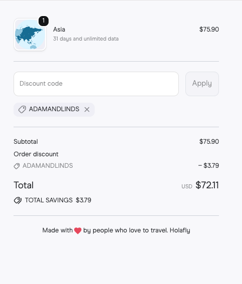 Holafly checkout screen showing the ADAMANDLINDS discount code applied for 5% off a destination eSIM