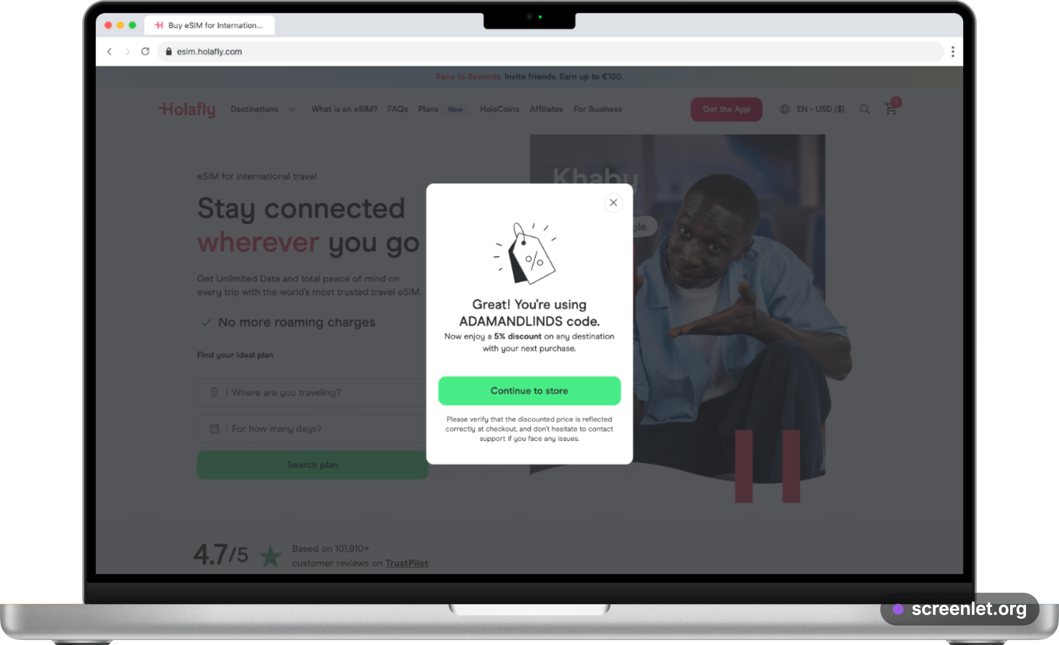 Holafly checkout on a MacBook with the ADAMANDLINDS discount code applied and the reduced total showing in the order summary