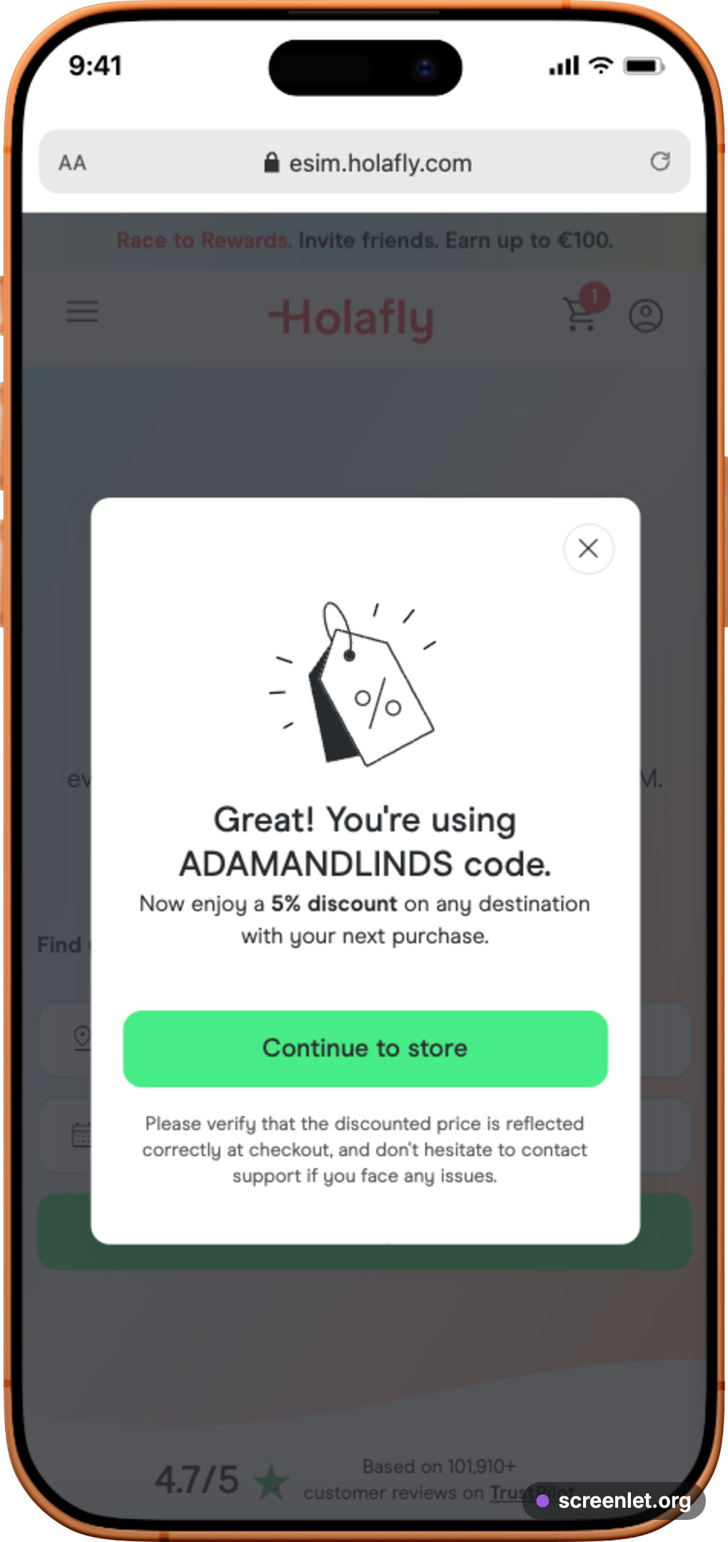 Holafly checkout on an iPhone with the ADAMANDLINDS discount code accepted and the discount visible in the order total